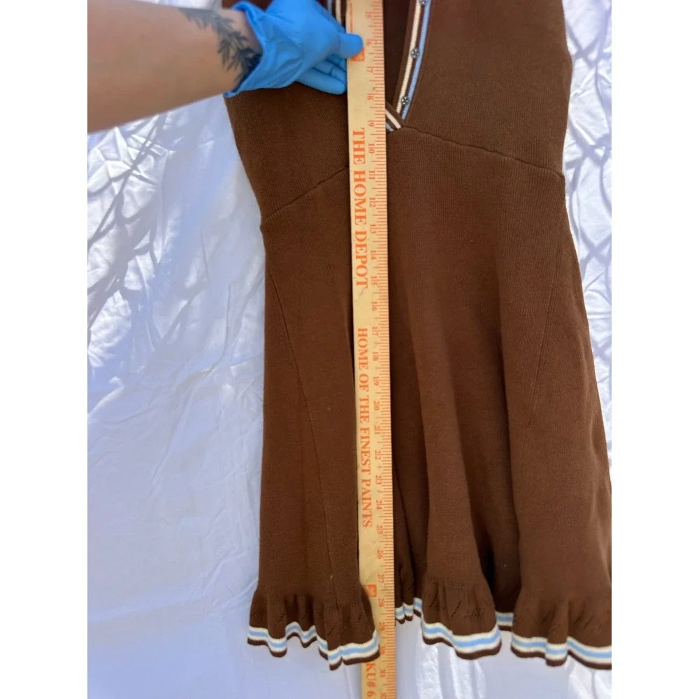 Free People Brown Knit Collared V-Neck Sleeveless Dress Ruffled Hem XS